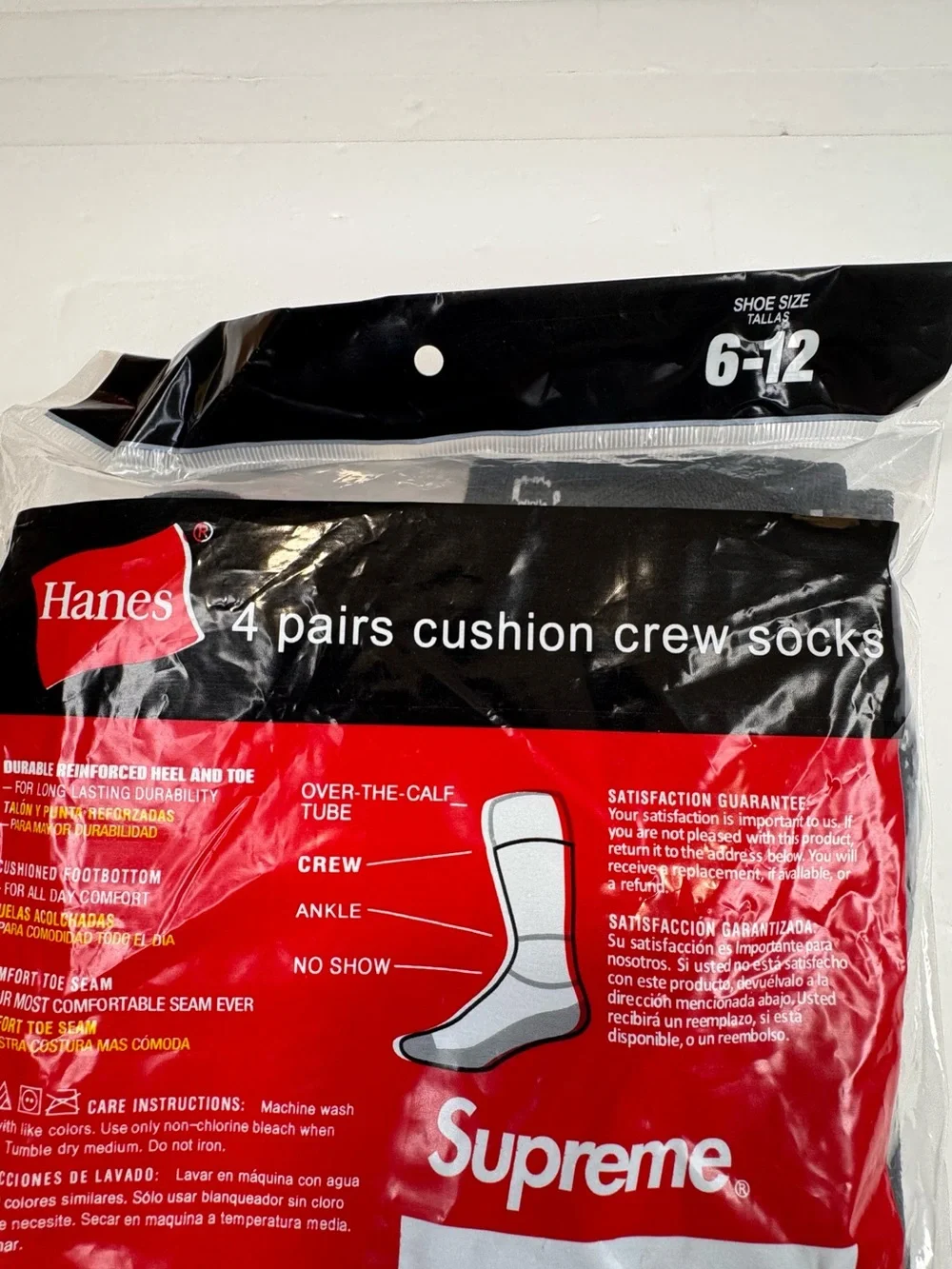 New Supreme x Hanes Crew Socks 2 Pairs Men's Size 6-12 Black Cotton Stretch